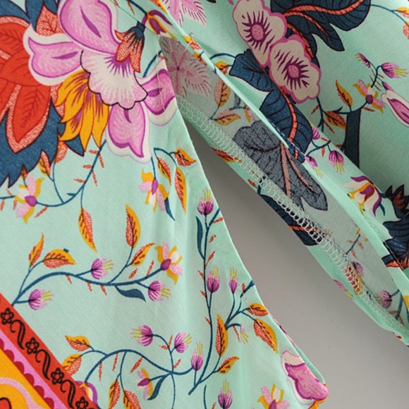 Boho Floral Print Belted Kimono Cover up Beach Red - Picture 3 of 8